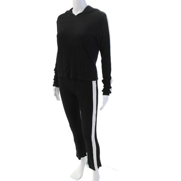 Cale Womens Cotton Ribbed Knit Stripe Hood Casual Top Pants Set Black Size L - Picture 3 of 10